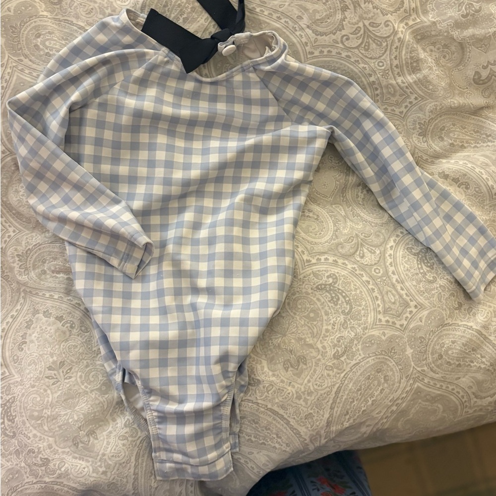 Minnow Blue and White Gingham Kids One Piece / rash guard